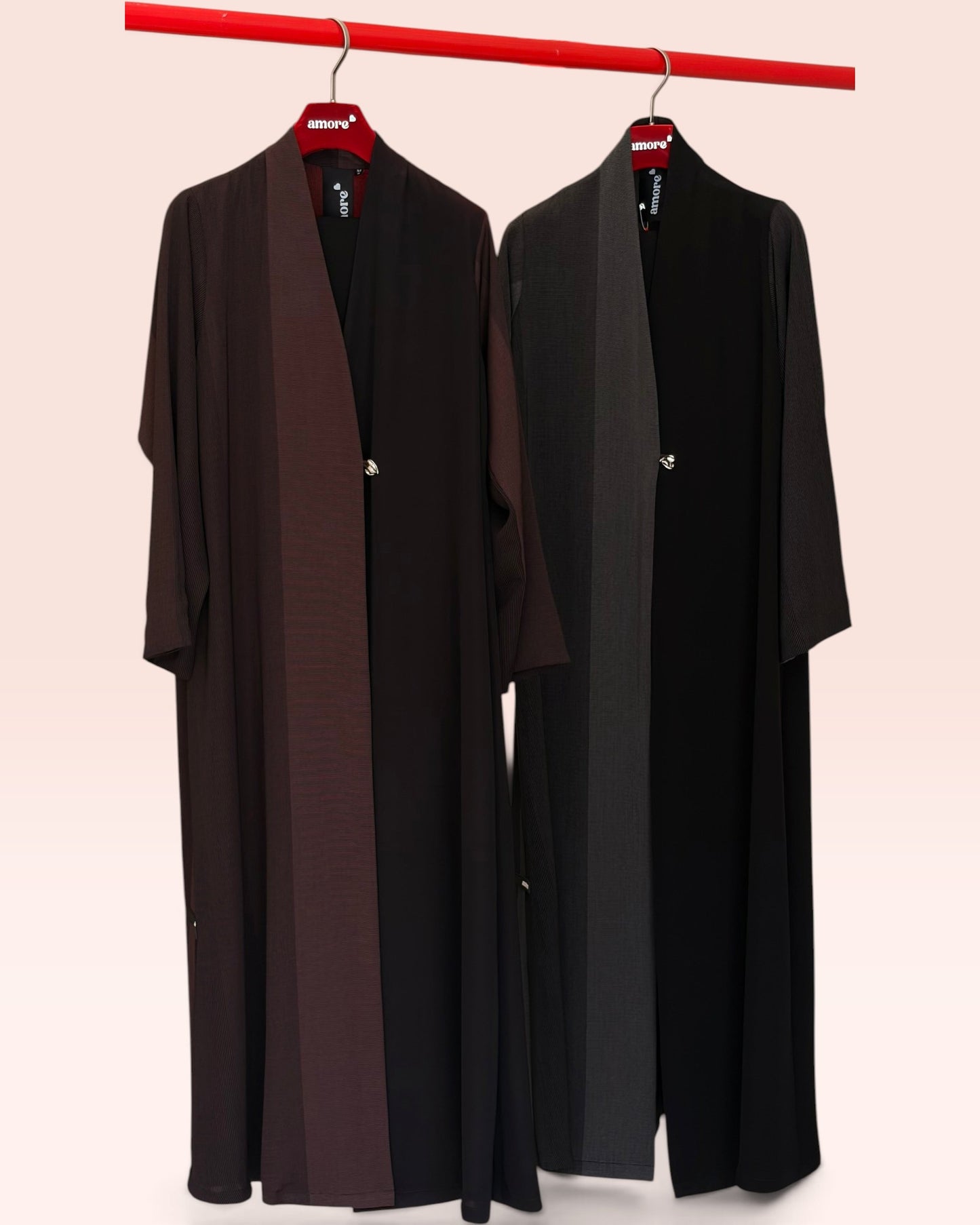 Amore Abaya Boutique Gradient Stripe Nida Abayas in black and brown with dual-texture panels and front accent closure.