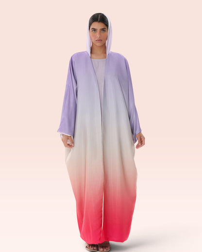 Model wearing an Amore Abaya Boutique | Best Modern, Affordable, and Elegant Abayas in UAE sunset ombre bisht abaya