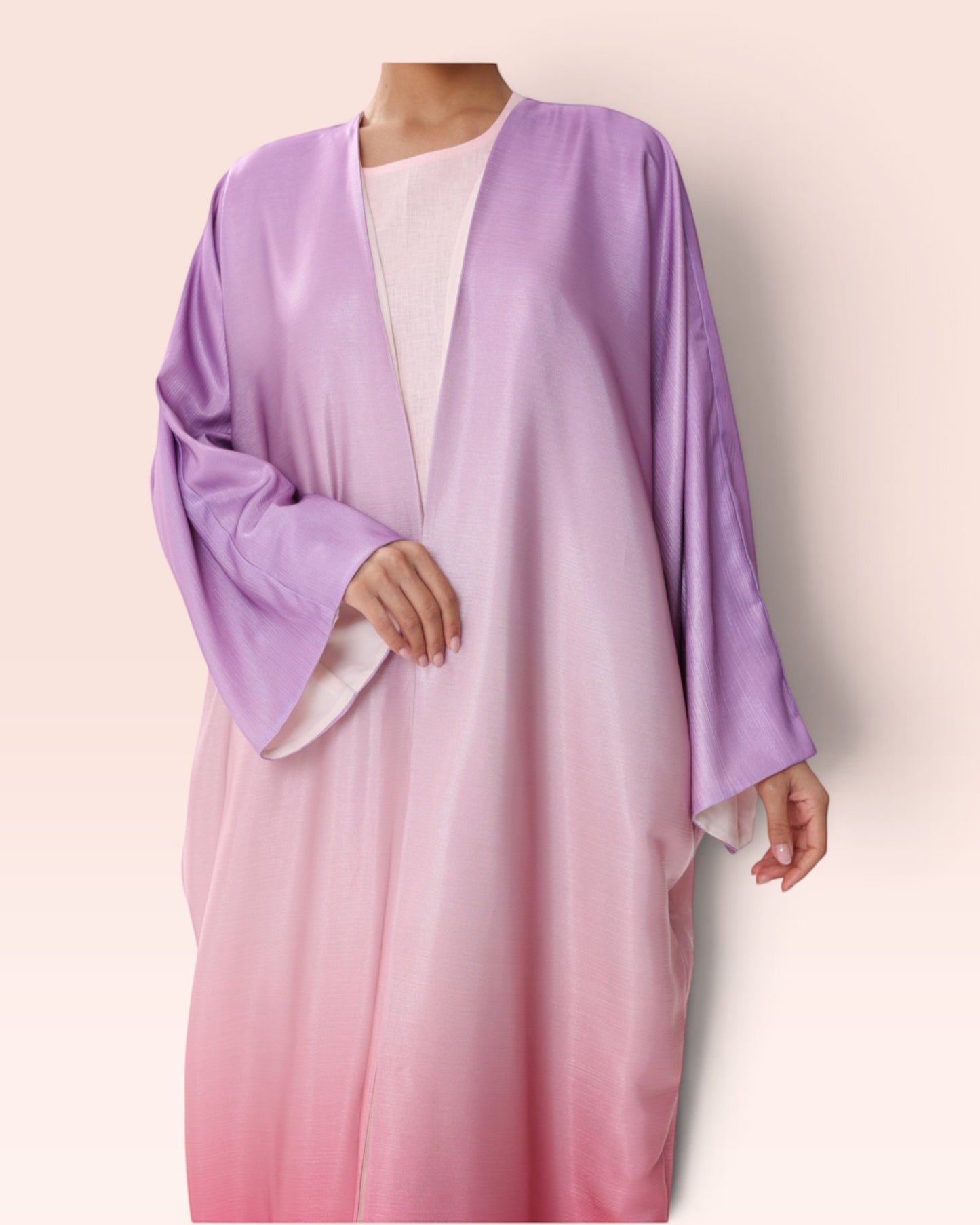 Amore Abaya Boutique Sunset Ombre Bisht Abaya in flowy purple to pink gradient fabric for elegant special occasions.