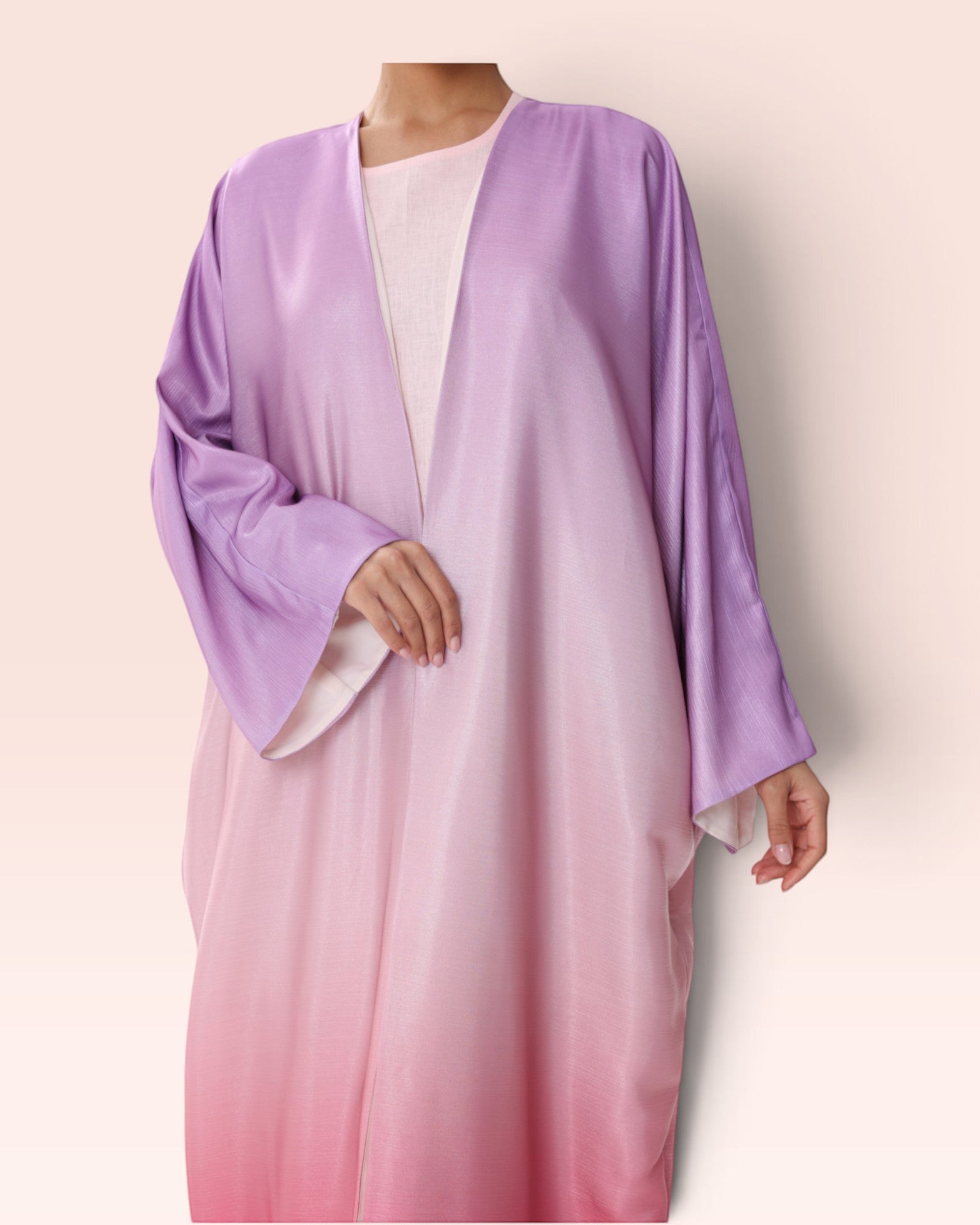 Amore Abaya Boutique Sunset Ombre Bisht Abaya in flowy purple to pink gradient fabric for elegant special occasions.