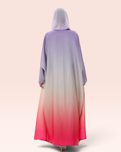 Amore Abaya Boutique Sunset Ombre Bisht Abaya featuring a flowy purple to pink gradient design with a matching hijab.