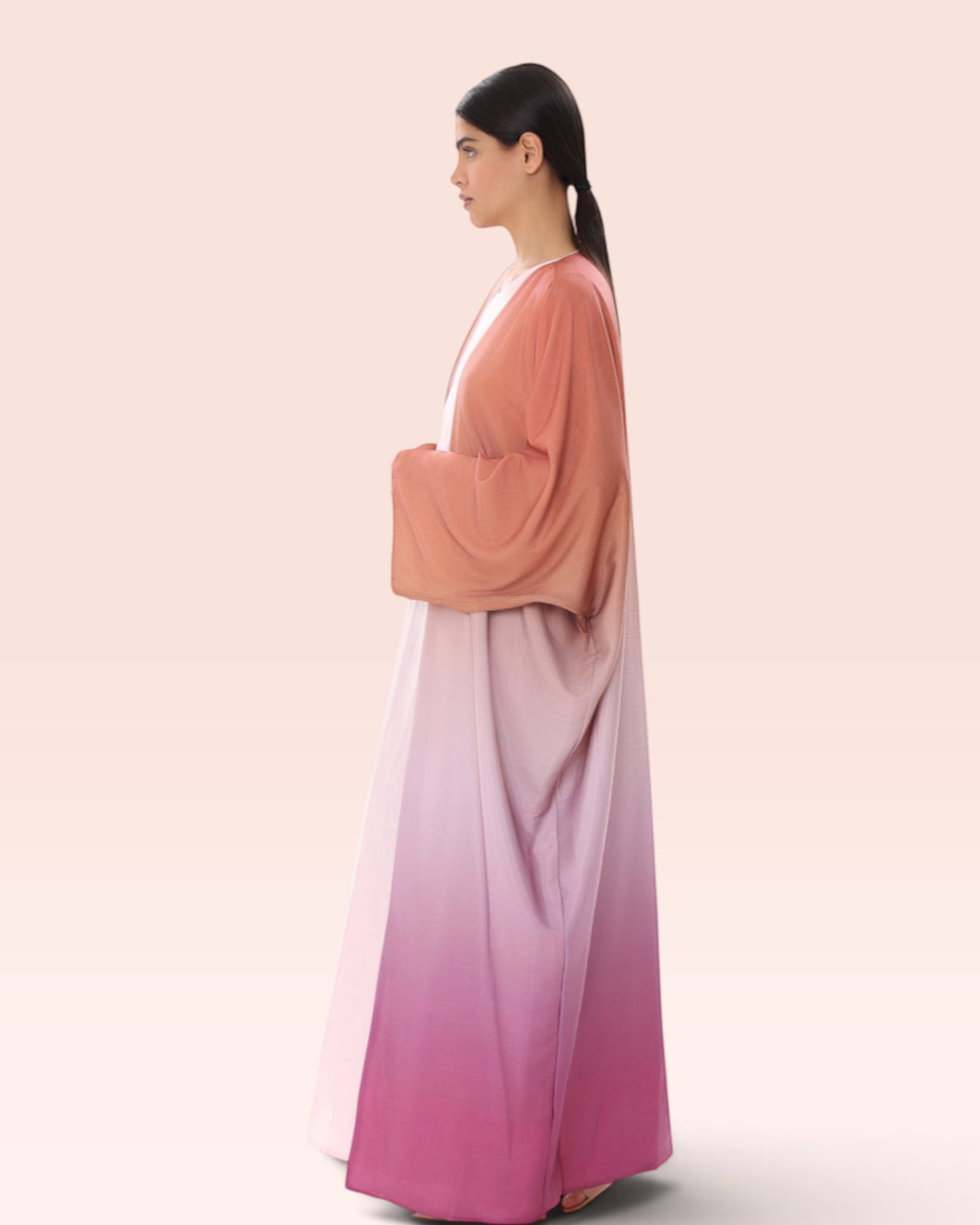 Amore Abaya Boutique Sunset Ombre Bisht Abaya in lightweight fabric with a flowy silhouette on a model