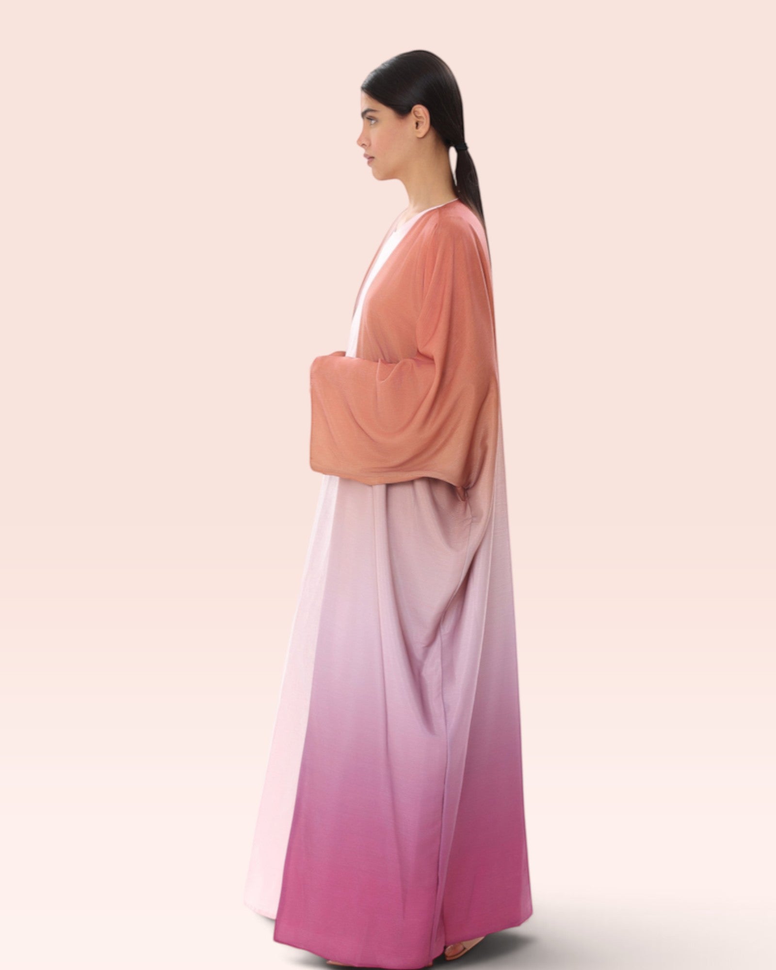 Amore Abaya Boutique Sunset Ombre Bisht Abaya in lightweight fabric with a flowy silhouette on a model