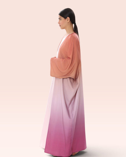 Amore Abaya Boutique Sunset Ombre Bisht Abaya in lightweight fabric with a flowy silhouette on a model